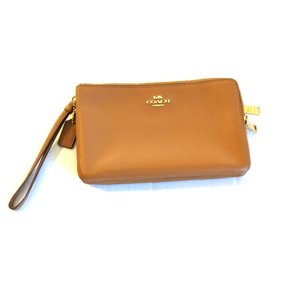 New Coach Double Zip Pebble Leather Wristlet Wallet Light Saddle - Picture 4 of 10